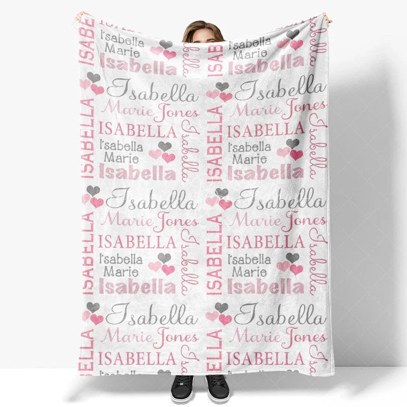 Lofaris Personalized Name Blanket for Girl Custom Baby with Hearts Pink and Grey Nursery Decor Swaddle