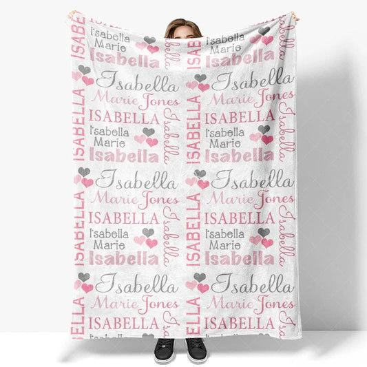 Lofaris Personalized Name Blanket for Girl Custom Baby with Hearts Pink and Grey Nursery Decor Swaddle