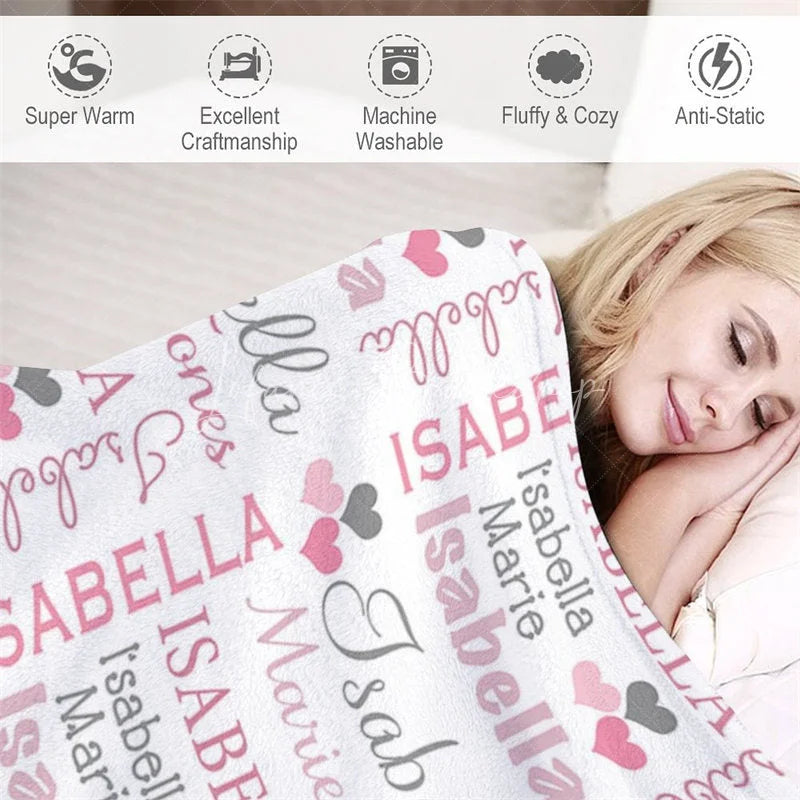 Lofaris Personalized Name Blanket for Girl Custom Baby with Hearts Pink and Grey Nursery Decor Swaddle