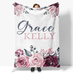 Lofaris Personalized Name Blanket for Girl Custom Baby with Maroon Rose Pink Floral Nursery Decor Swaddle
