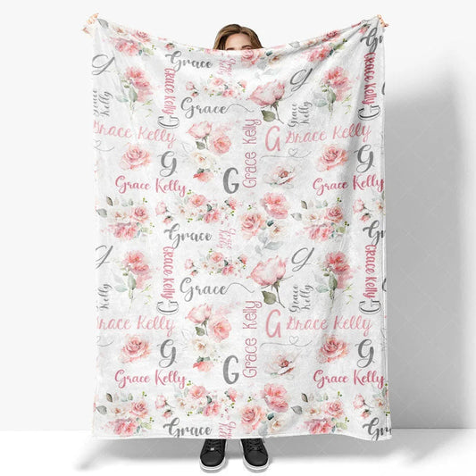 Lofaris Personalized Name Blanket for Girl Custom Baby with Pink Rose Watercolor Floral Nursery Decor Swaddle