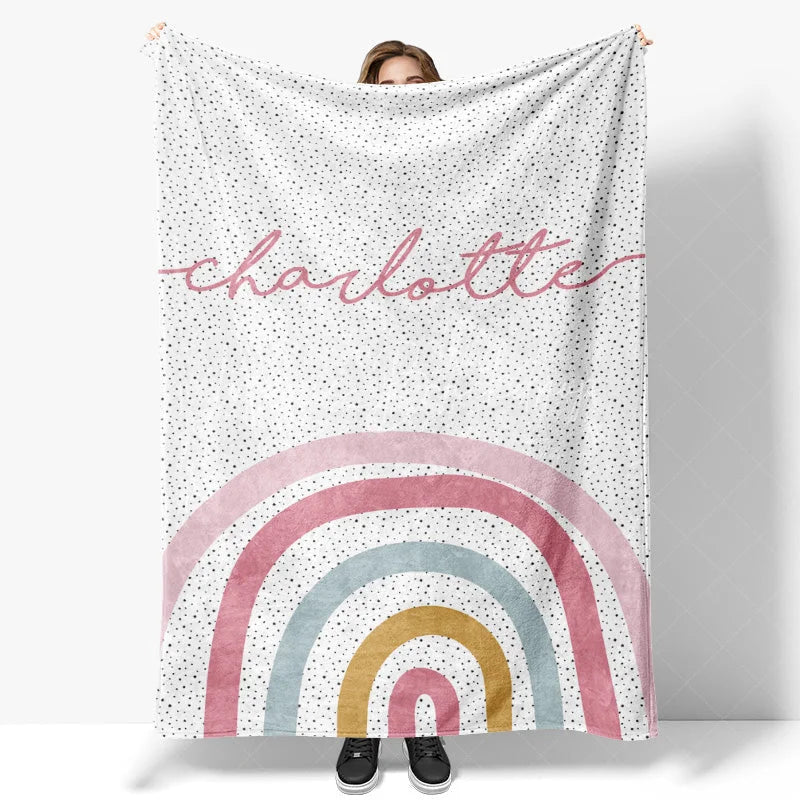Lofaris Personalized Name Blanket for Girl Custom Boho Rainbow Polka Dot Pastel Nursery Swaddle Decor