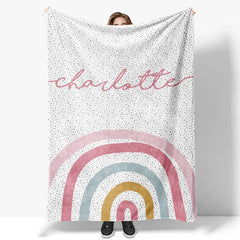 Lofaris Personalized Name Blanket for Girl Custom Boho Rainbow Polka Dot Pastel Nursery Swaddle Decor