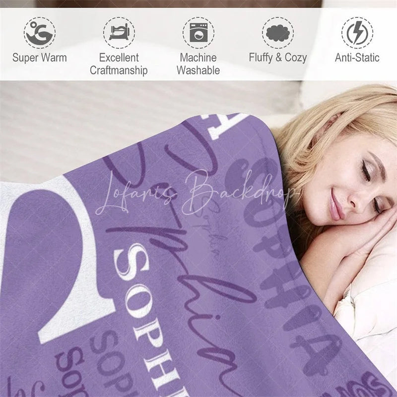 Lofaris Personalized Name Blanket for Girl Custom Monogram Word Cloud Purple Lavender Nursery Decor Swaddle