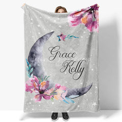 Lofaris Personalized Name Blanket for Girl Custom Moon and Stars Grey Pink Floral Nursery Decor Swaddle