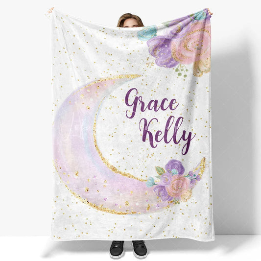 Lofaris Personalized Name Blanket for Girl Custom Moon and Stars Pastel Floral Nursery Decor Swaddle