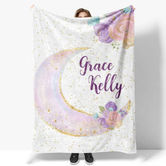 Lofaris Personalized Name Blanket for Girl Custom Moon and Stars Pastel Floral Nursery Decor Swaddle
