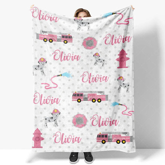 Lofaris Personalized Name Blanket for Girl Custom Pink Fire Truck Dalmatian Dog Firefighter Baby Swaddle