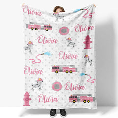 Lofaris Personalized Name Blanket for Girl Custom Pink Fire Truck Dalmatian Dog Firefighter Baby Swaddle