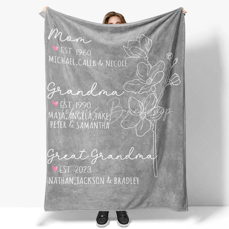 Lofaris Personalized Name Blanket for Mom Grandma Custom Kids Names Est Date Floral Throw Mother’s Day Family Gift