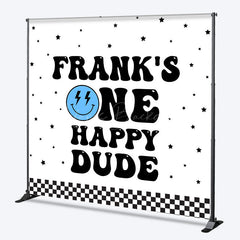 Lofaris Personalized One Happy Dude First Birthday Backdrop Groovy Retro Smiley Face Custom Name Party for Boy