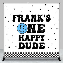 Lofaris Personalized One Happy Dude First Birthday Backdrop Groovy Retro Smiley Face Custom Name Party for Boy