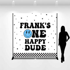 Lofaris Personalized One Happy Dude First Birthday Backdrop Groovy Retro Smiley Face Custom Name Party for Boy