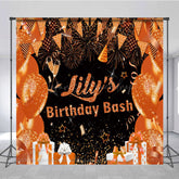 Lofaris Personalized Orange and Gold Birthday Bash Backdrop Glitter Balloons Fireworks Custom Name Party Decor