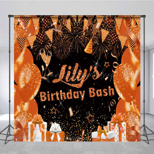 Lofaris Personalized Orange and Gold Birthday Bash Backdrop Glitter Balloons Fireworks Custom Name Party Decor