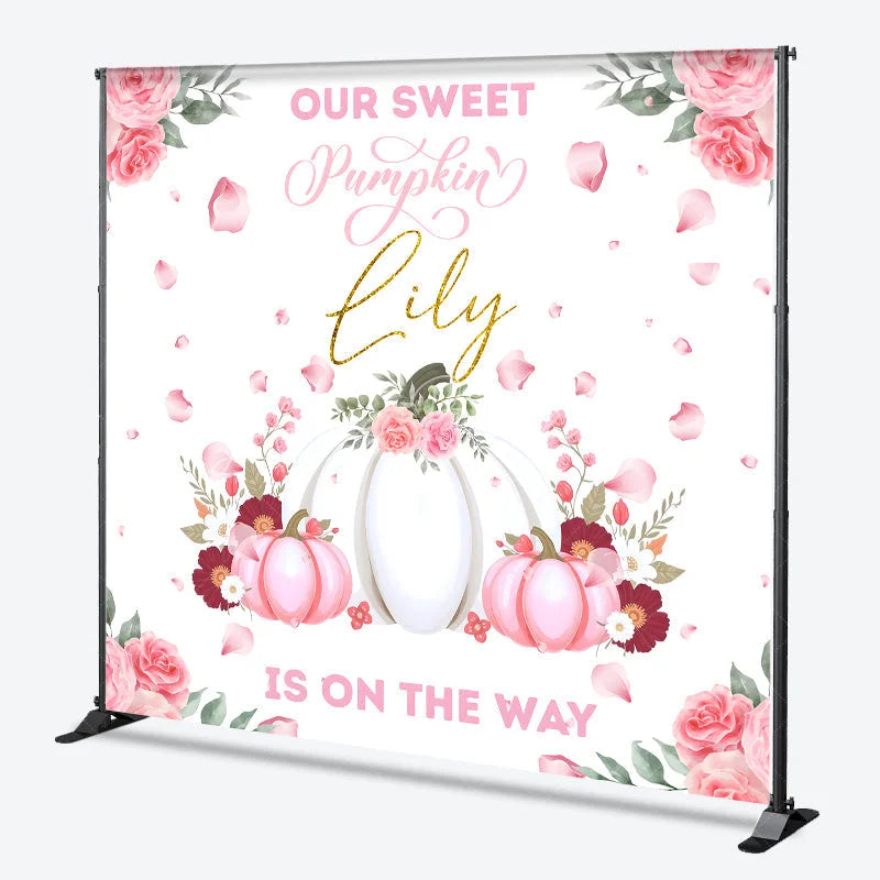 Lofaris Personalized Our Sweet Pumpkin is on the Way Backdrop Pink and White Floral Custom Name Girl Baby Shower Decor