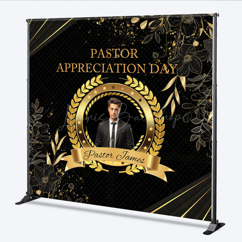 Lofaris Personalized Pastor Appreciation Day Backdrop Add Your Photo with Black and Gold Elegant Church Event Decor