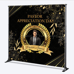Lofaris Personalized Pastor Appreciation Day Backdrop Add Your Photo with Black and Gold Elegant Church Event Decor