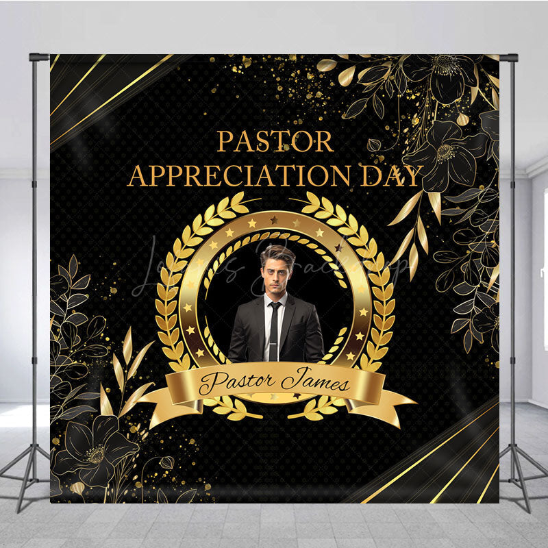Lofaris Personalized Pastor Appreciation Day Backdrop Add Your Photo with Black and Gold Elegant Church Event Decor