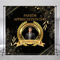 Lofaris Personalized Pastor Appreciation Day Backdrop Add Your Photo with Black and Gold Elegant Church Event Decor