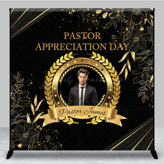Lofaris Personalized Pastor Appreciation Day Backdrop Add Your Photo with Black and Gold Elegant Church Event Decor