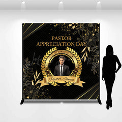 Lofaris Personalized Pastor Appreciation Day Backdrop Add Your Photo with Black and Gold Elegant Church Event Decor