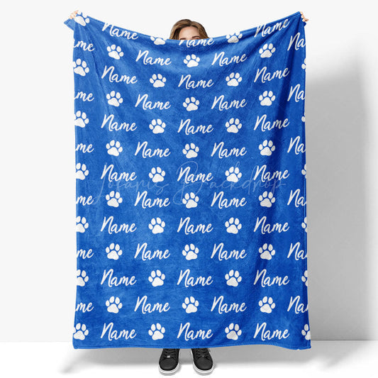 Lofaris Personalized Pet Blanket with Custom Name and Paw Prints for Dogs Cats Blue Cozy Bed Throw