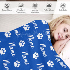 Lofaris Personalized Pet Blanket with Custom Name and Paw Prints for Dogs Cats Blue Cozy Bed Throw