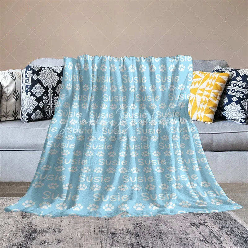 Lofaris Personalized Pet Blanket with Custom Name and Paw Prints Light Blue Cozy Throw for Dogs Cats Lover Gift
