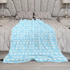 Lofaris Personalized Pet Blanket with Custom Name and Paw Prints Light Blue Cozy Throw for Dogs Cats Lover Gift
