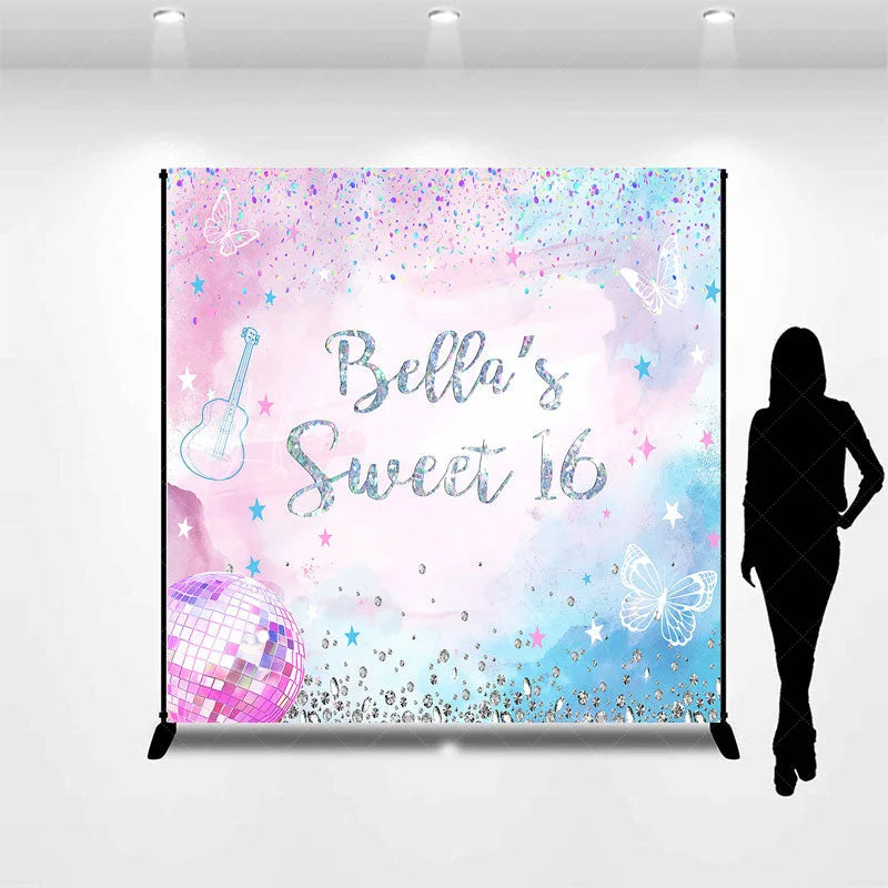 Lofaris Personalized Pink and Blue Glitter Sweet Sixteen Custom Backdrop with Butterflies Disco Ball for Birthday Party