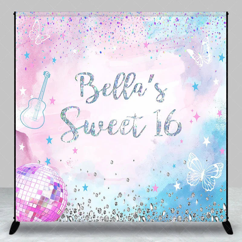Lofaris Personalized Pink and Blue Glitter Sweet Sixteen Custom Backdrop with Butterflies Disco Ball for Birthday Party