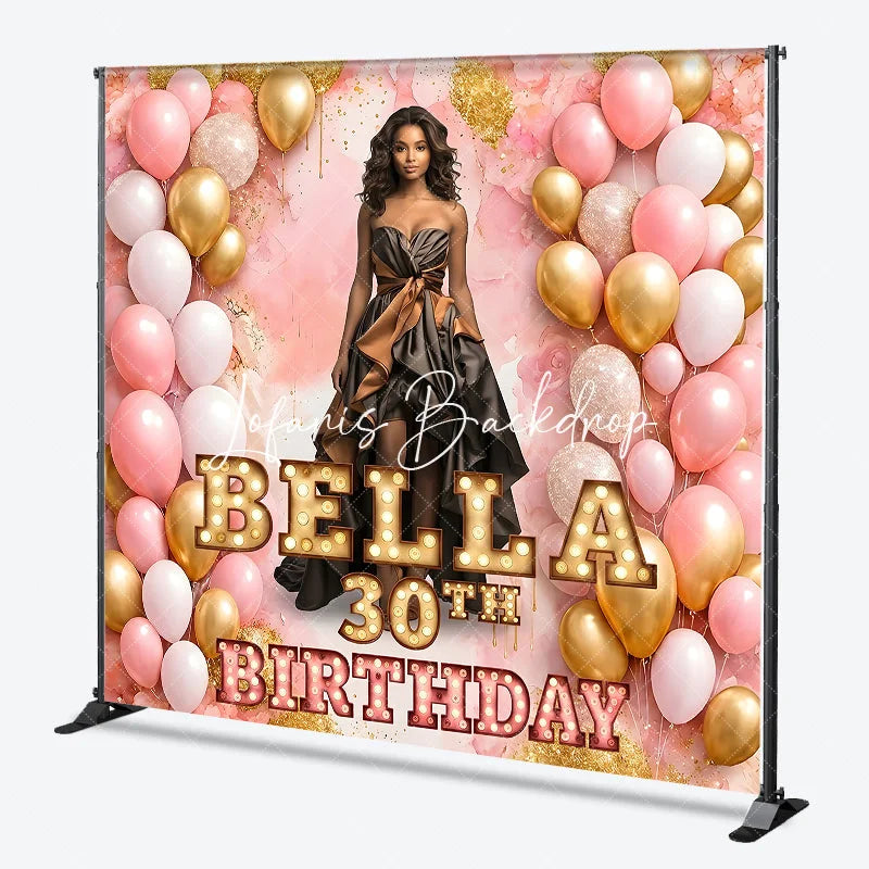 Lofaris Personalized Pink and Gold Balloons Birthday Custom Backdrop Elegant Woman in Gown Celebration Banner