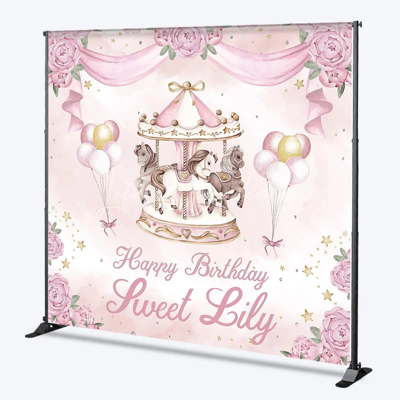 Lofaris Personalized Pink and Gold Carousel Custom Backdrop with Whimsical Horses Peonies for Birthday Party Decor