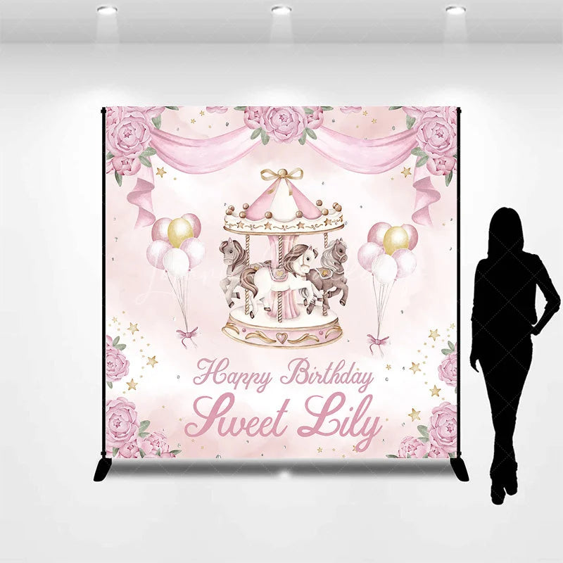 Lofaris Personalized Pink and Gold Carousel Custom Backdrop with Whimsical Horses Peonies for Birthday Party Decor