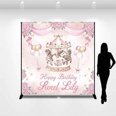 Lofaris Personalized Pink and Gold Carousel Custom Backdrop with Whimsical Horses Peonies for Birthday Party Decor