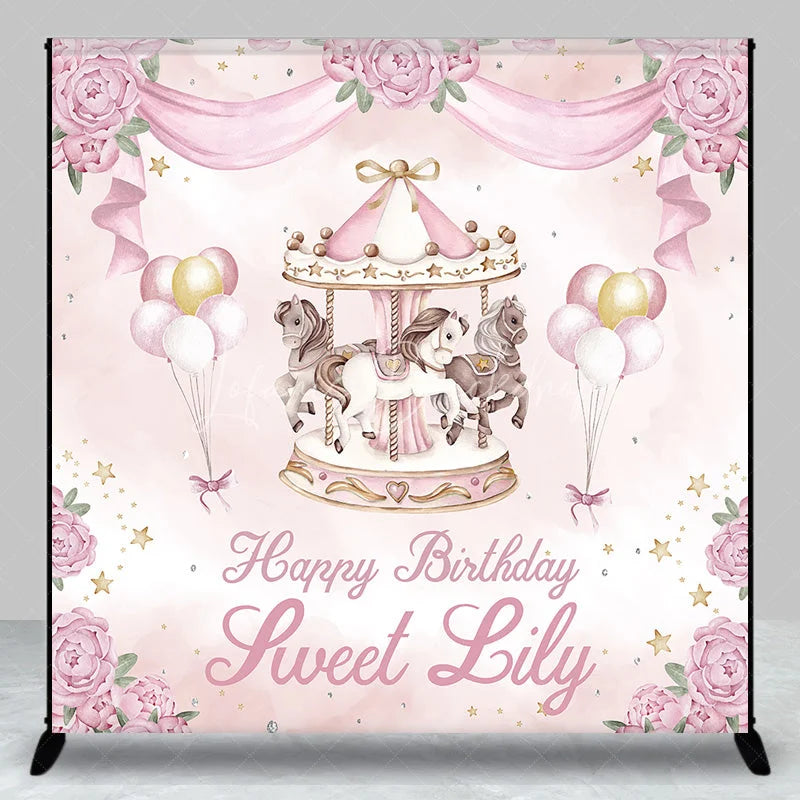 Lofaris Personalized Pink and Gold Carousel Custom Backdrop with Whimsical Horses Peonies for Birthday Party Decor