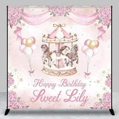 Lofaris Personalized Pink and Gold Carousel Custom Backdrop with Whimsical Horses Peonies for Birthday Party Decor