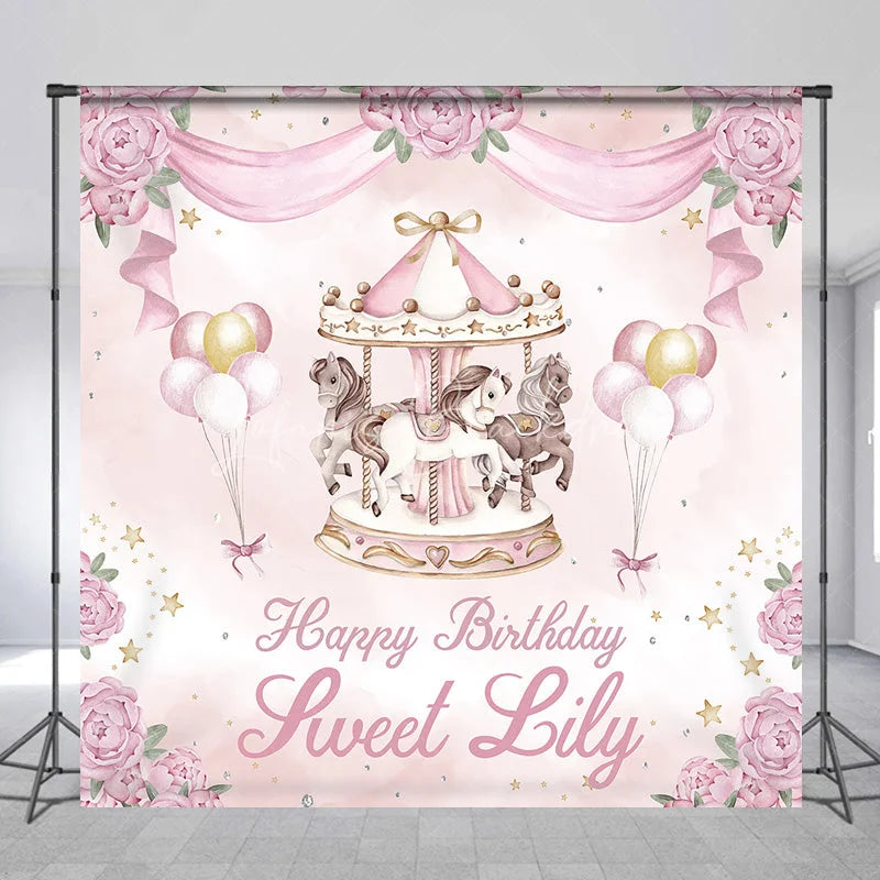 Lofaris Personalized Pink and Gold Carousel Custom Backdrop with Whimsical Horses Peonies for Birthday Party Decor