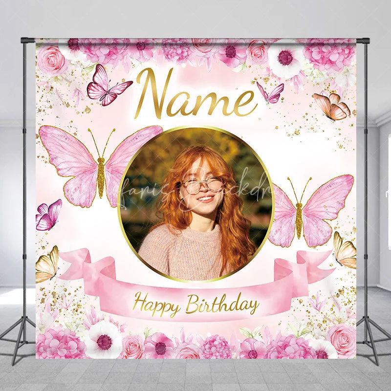 Lofaris Personalized Pink Floral Butterfly Custom Backdrop with Golden Glitter Photo Frame for Happy Birthday Party.