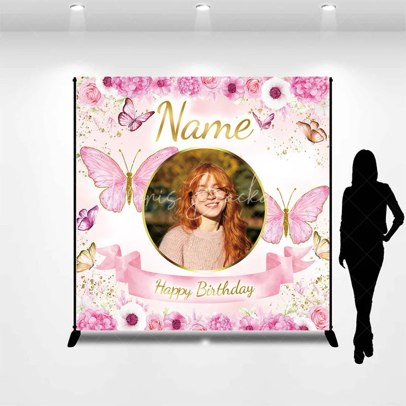 Lofaris Personalized Pink Floral Butterfly Custom Backdrop with Golden Glitter Photo Frame for Happy Birthday Party.