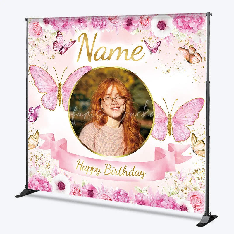 Lofaris Personalized Pink Floral Butterfly Custom Backdrop with Golden Glitter Photo Frame for Happy Birthday Party.