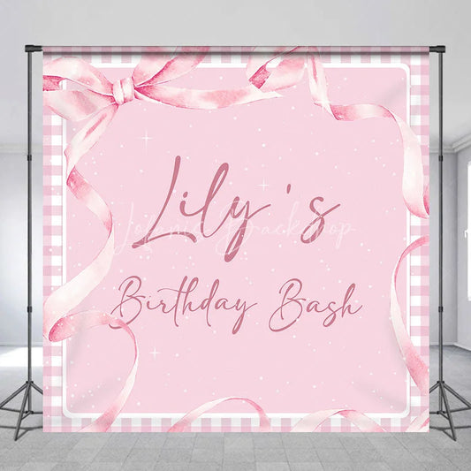 Lofaris Personalized Pink Gingham Birthday Bash Custom Backdrop featuring Elegant Watercolor Ribbons and Bow for Girls Party