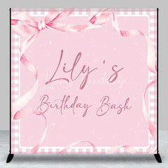 Lofaris Personalized Pink Gingham Birthday Bash Custom Backdrop featuring Elegant Watercolor Ribbons and Bow for Girls Party
