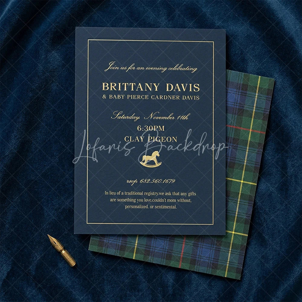 Lofaris Personalized Plaid Rocking Horse Baby Shower Invitation Custom Dark Blue and Gold Celebration Design