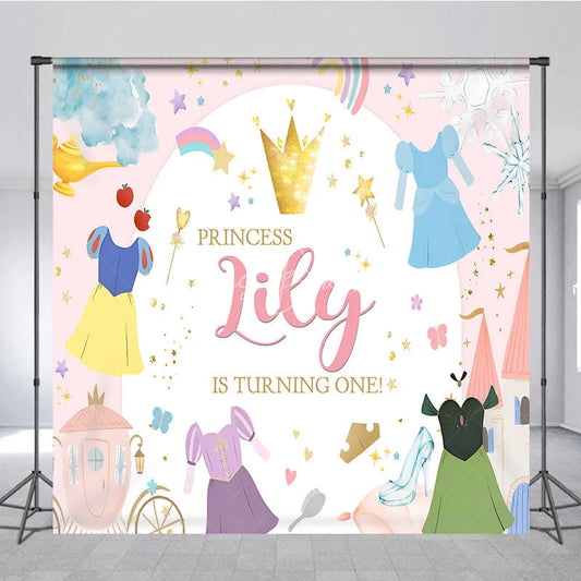 Lofaris Personalized Princess 1st Birthday Round Backdrop Fairytale Castle Custom Name