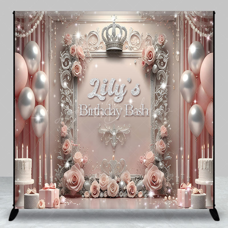 Lofaris Personalized Princess Birthday Bash Backdrop Royal Pink and Silver with Crown Elegant Queen Themed Party Decor