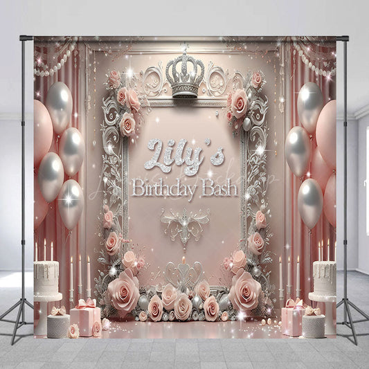 Lofaris Personalized Princess Birthday Bash Backdrop Royal Pink and Silver with Crown Elegant Queen Themed Party Decor