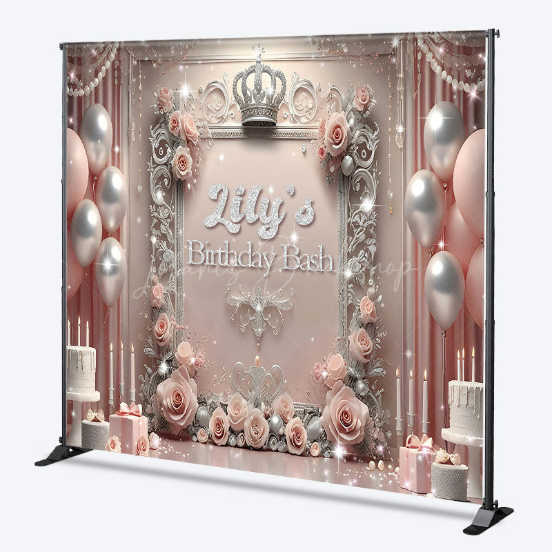 Lofaris Personalized Princess Birthday Bash Backdrop Royal Pink and Silver with Crown Elegant Queen Themed Party Decor