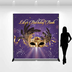 Lofaris Personalized Purple and Gold Masquerade Mask Custom Backdrop for Birthday Bash Party Featuring Feathers Rose